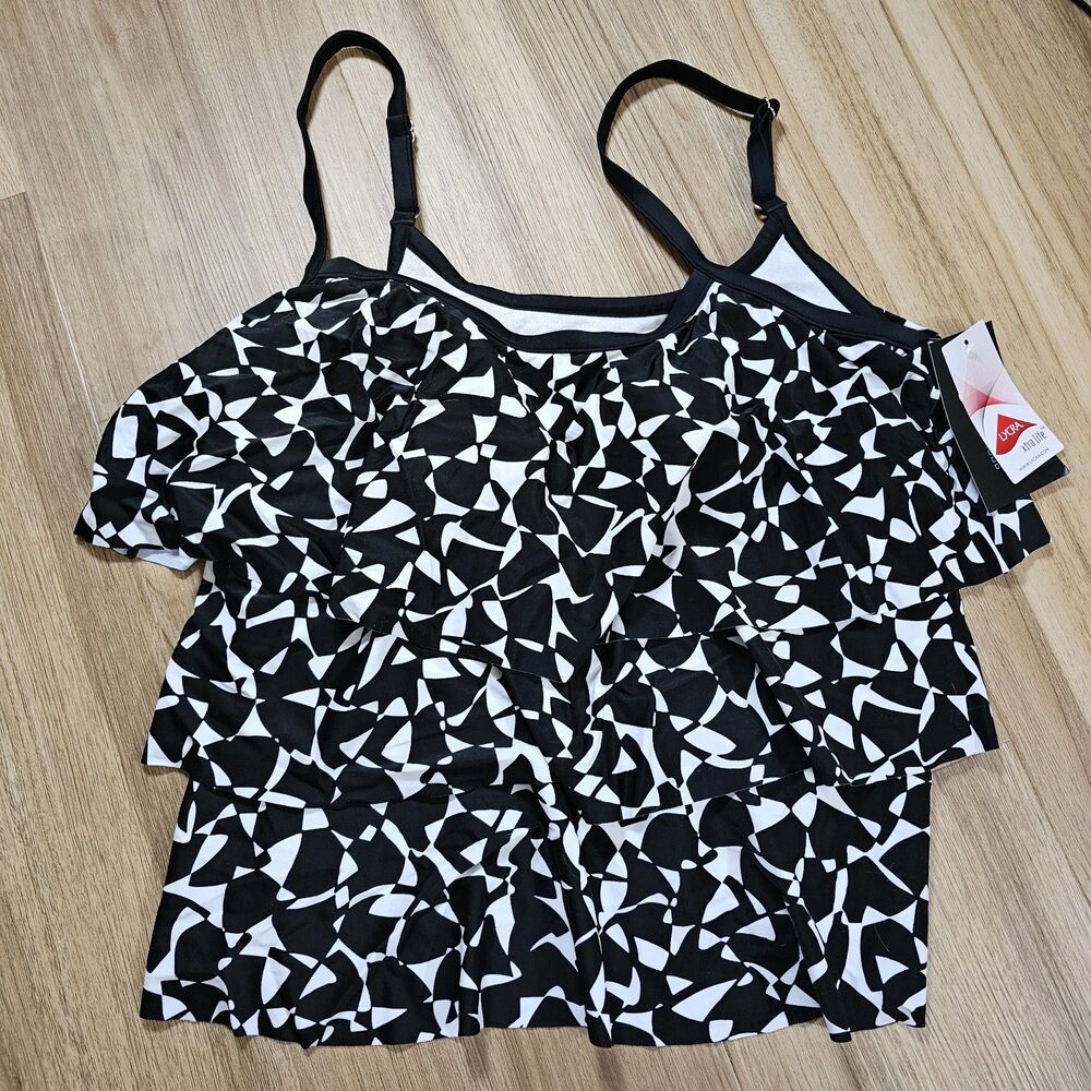 Maxine of Holly Womens Mod Triple Tiered Tankini Swim Top‎ Black White Geo 16W